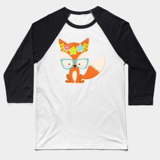 Hipster Fox, Fox With Glasses, Colorful Flowers Baseball T-Shirt